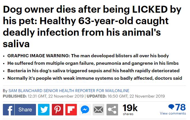 舔一舔就讓你斷手斷腳!男子被狗舔不到20天就死亡 可怕的是這非個案...:要很小心啊